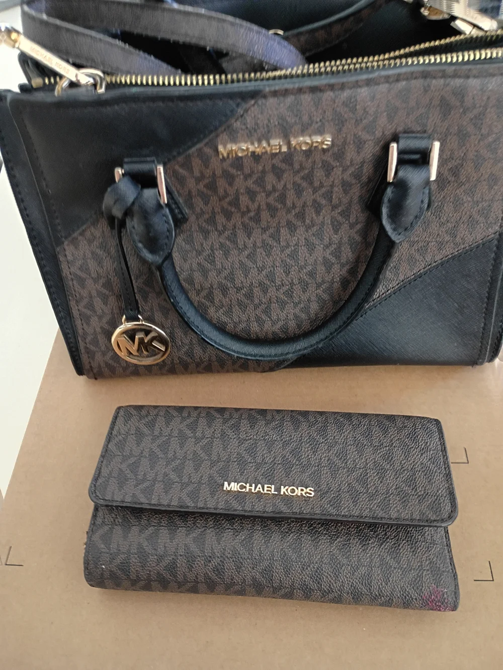 Michael Kors Brown and Black Signature Satchel with Matching Wallet Set